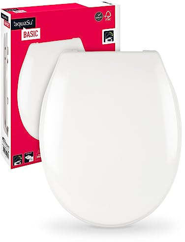aquaSu® Basic, WC-Sitz in Weiß, Duroplast Toilettendeckel mit Absenkautomatik, Belastbar bis 200 kg, Standard O-Form, Take-Off, 409148