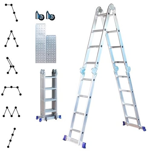 Gelenkleiter Stavalance 4x4 Aluminium Multifunktionsleiter 4x4 Stufen - 4,6 m Länge klappbar - Leiter 4-teilig bis 150 kg - Gelenkleiter Klappleiter Stehleiter Aluleiter
