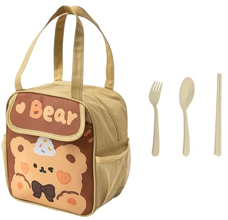 MEMOFYND 1 bolsa de almuerzo para niños, bolsa de almuerzo, bolsa de almuerzo, bolsa de almuerzo escolar, bolsa de almuerzo aislada, bonita bolsa de almuerzo para niñas, con 1 juego de vajilla beige