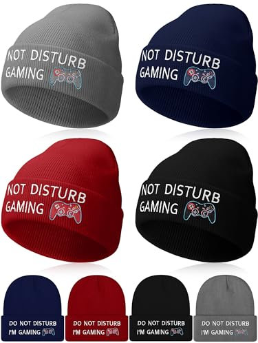 Cuffbow 4 Pcs Do Not Disturb Gaming Winter Beanie Warm Winter Hat Knit Gaming Hats Funny Gamer Gifts for Teens Boys Men Teenagers, Black, Gray, Red, Navy Blue, Schwarz, Grau, Rot und Marineblau,