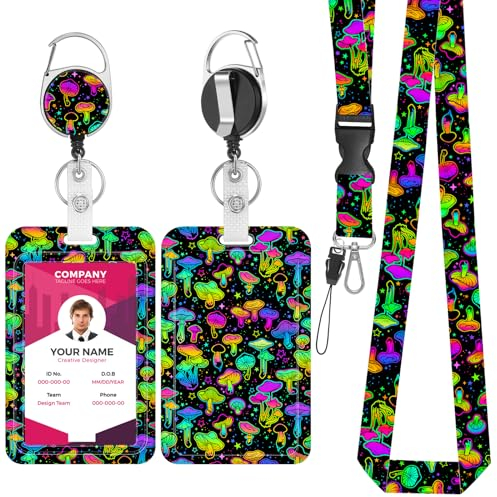 Amabro Set di porta badge con cordino colorato a forma di fungo, con cordino da collo, rotazione a 360°, retrattile, con bobina per badge, targhette per nome, etichette verticali, protezione