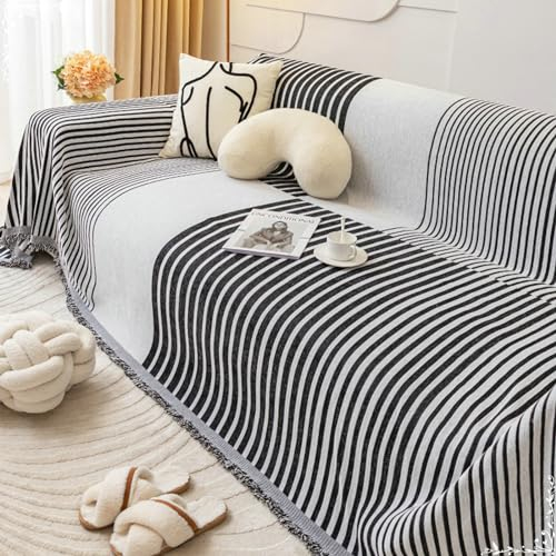 Ayoiow Sofa Überwurf Decken Bezug Sofa Schwarz Sofahusse 1Sitzer Chenille Mit Streifenmuster
