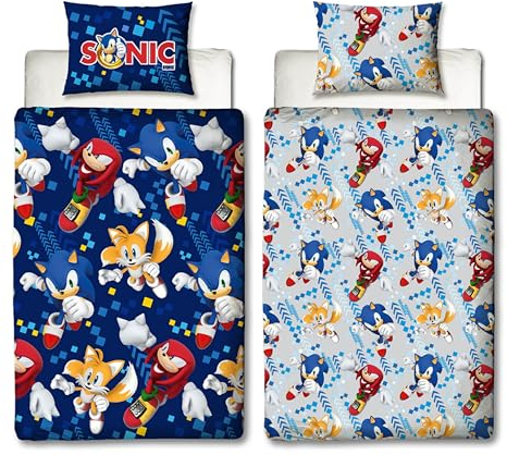 Character World Sonic The Hedgehog Offizielles Bettwäsche-Set für Einzelbett, Bounce-Design, wendbar, 2-seitig, inkl. passendem Kissenbezug, Gaming-Einzelbett-Set, Blau