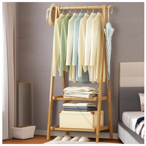 BEARQUN Garderobenständer aus Holz mit Kleiderstange, klappbarer Garderobenständer, bis 80 kg Belastbar, Kleiderständer mit Haken, für Schlafzimmer Eingangsbereich Flur : 66CM/86CM/116CM