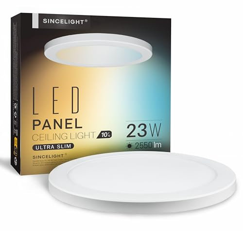 SINCELIGHT Ultradünne LED-Deckenleuchten 23W, Φ298mm, Kompaktes Profil, Einbau-/Aufbaumontage, Kantenbeleuchtet, 2550lm, Warmweiß bis Kaltweiß Drehbar, 2700K/4000K/6000K, 1er-Pack