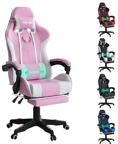 PORIYA Gaming Chair with Adjustable Backrest, Ergonomic Executive Office Chair, Height Adjustable Racing Chair Maximum Gaming Experience (Pink&White)