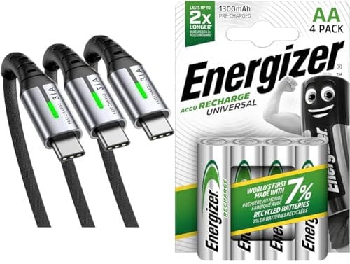 INIU USB C Charger Cable, [3 Pack, 2+2+0.5m] USB A to USB C Cable 3.1A Fast Charging & Energizer Rechargeable AA Batteries, Universal Double AA, Pack of 4