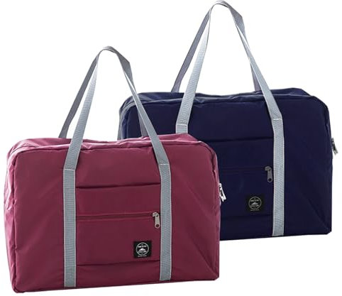 2 Stück Faltbare Reisetaschen, Leichte Handgepäck Taschen, wasserdichte Handgepäcktaschen, Faltbare Reisetasche mit Handschlaufe, Geeignet für Sport, Marineblau + Burgunderrot