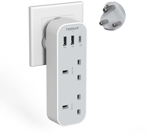 UK to South Africa Plug Adapter, TESSAN Grounded Type M Travel Adaptor with 3 USB Ports (1 USB C), 2 Way South African Power Adapter for SA, Namibia, Botswana Zimbabwe Namibia Nepal
