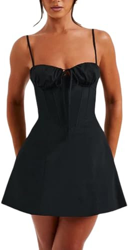 Women Mini Cami Dress Solid Color Sleeveless Tie Up Party Dress (Black, M)