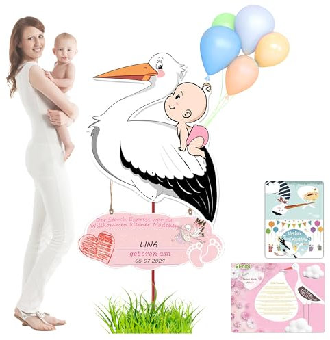 158 cm Storch Geburt für draußen Babystorch aus Holz Rassel Storch Set zur Geburt Willkommen Zuhause Deko Geburtsstorch (Rosa)