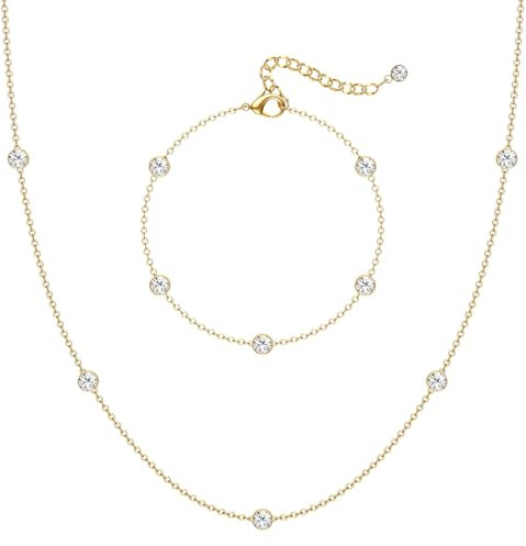 CASSIECA 14K Gold Vergoldet Schmuck Set Zirkon Simulierte Diamant Damen CZ Kette Halskette Schichtung Armbänder