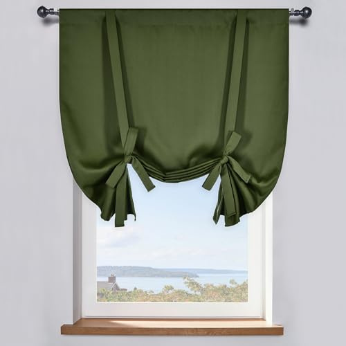 DONREN Raffrollo für Badezimmer – Bauernhaus-Küchenvorhang, wärmeisoliert, Fensterbehandlungsstange, Tasche, Ballon, Weihnachtsvolant (1 Stück, Olivgrün, 34 B x 45 L)