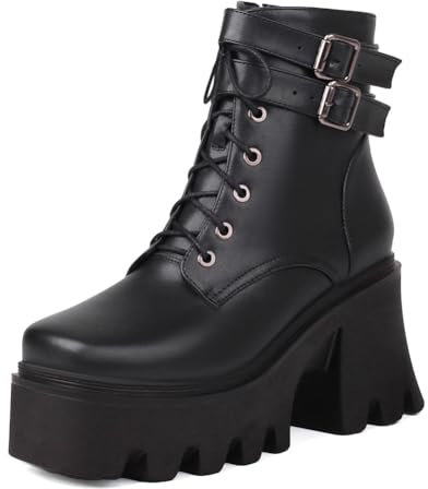 Donna Stivaletti Anfibi con Tacco Largo Plateau Punk Gotici con Lacci Punta Quadrata Stivali da Combattimento con Fibbia,Nero,36 EU
