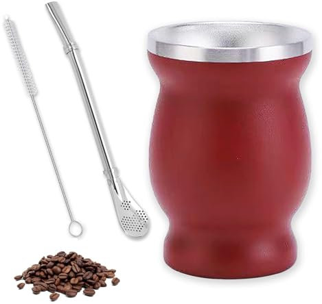 Mate Teebecher Set,Matebecher Edelstahl Doppelwand Isolier Design, 260ml Mate Tee Set, mit Strohhalmlöffel und Reinigungsbürste,Mate Strohhalm aus Edelstahl, für Mate Tee, Kaffee (Rot)