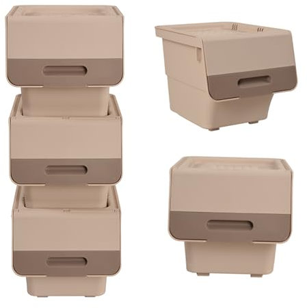 3FlexHome Stackable Toy Storage Box on Wheels with Front Lid – Plastic Storage Containers for Toys, Snacks, Clothes, Multi-Purpose Tower Organiser for Kitchen, Bathroom, Bedroom (Brown-Beige, 3x12LT)