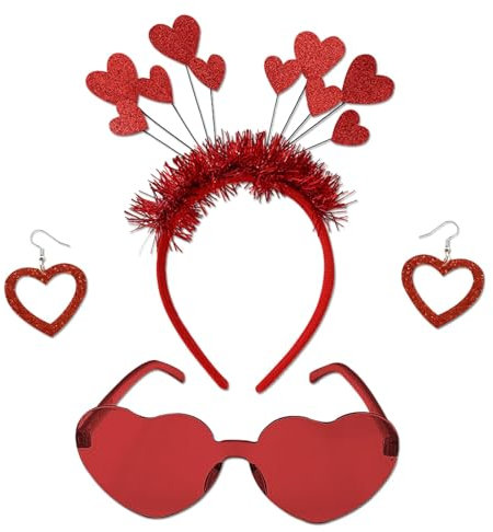 Herz Haarreif, 3 PCS Haarreifen Herzen, Amor Haarreif Damen, Pailletten Herz Stirnband, Amor Kostüm Accessoires mit Herz Stirnband Herzbrille und Herz Ohrringe für Valentinstag, Karneval, Party (B)
