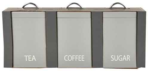 DEENZ Modern Kitchen Storage Set Of 3 Pieces Grey Rectangle Canisters With Bread Bin Labelled Tags Tea Coffee Sugar Containers Chic Matt Finish 20.5X42X48.8 Cm (Set Of 3 Canisters With Bread Bin)