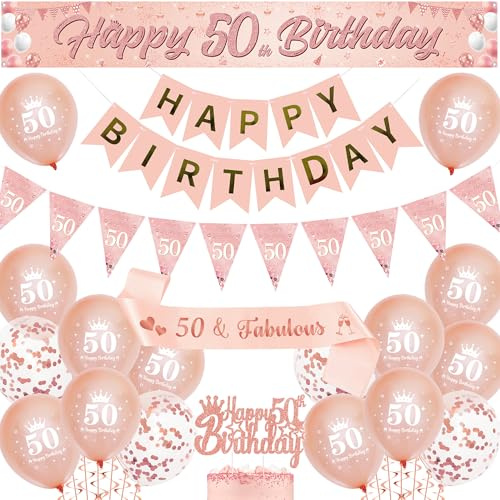 50th Birthday Decorations Banner for women - Rose Gold Party Balloons Set with Pennant Sash, Happy 50 Years Old Birthday Yard Banners and Cake Topper for Women Party Supplies