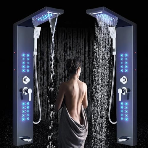 Zamery Shower Panel Tower Stainless Steel LED 5 in 1 Shower SystemBathroom Tower Wall-Mounted with Waterfall, Rainfall Shower Head 2 Body Massage,Black