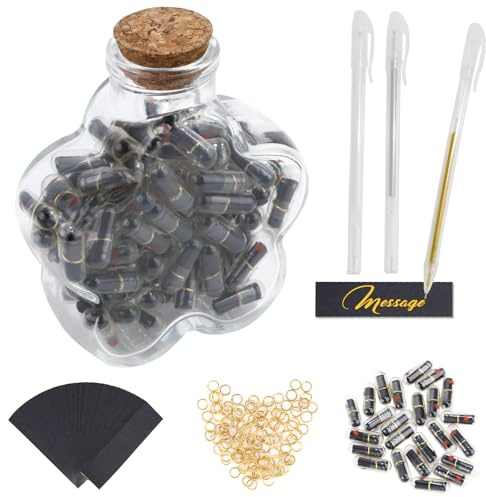 Prmape 101 pcs Capsule Letters Message with Wishing Bottle & 3 Pens, Black Transparent Pill Capsules, Capsule Message Pill Letter for Love Letters, Friendship Notes or Gifts