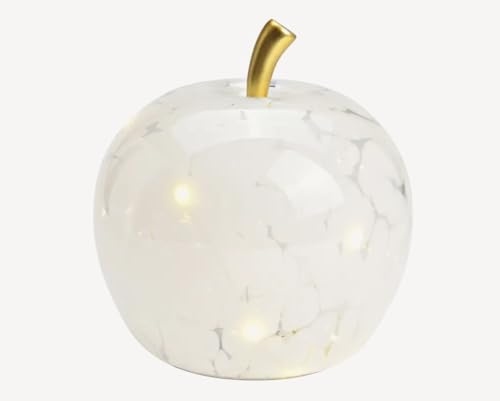 Seyila Home Dekorative Glas Apfel Leuchte mit LED Beleuchtung und Timer (unten), Crackle-Effekt Glas, Goldener Stiel, Weihnachtsdeko, Lampe (Weiß, 22 cm)