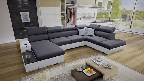 IM SOFA PERS VI Wohnlandschaft U-Form Ecksofa mit Schlaffunktion Bettkasten Couch Wohnzimmer freistehend verstellbare Kopfstützen 3 Dekokissen (Grau Sawana + Weißes Kunstleder, Links)