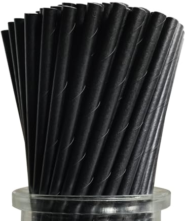 Biologisch Abbaubare Papier Strohhalme Schwarze Einweg, 100 Stück Solid Black Trinkhalme für Cocktails, Bar, Party und Hochzeitsdekoration - 19,7 x 0,6 cm