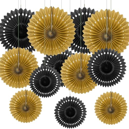 CC wonderland zone 12PCS Gold and Black Paper Fans Party Decorations,Hanging Ceiling Honeycomb Round Tissue Paper Fans for Birthday Wedding Party Decorations