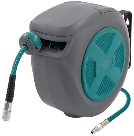 ECD Germany Druckluftschlauchtrommel 15m+1,5m, Automatischer Aufroller mit Arretierfunktion, Schnellkupplung 1/4 Anschluss, 15 bar, 180° schwenkbar, Ø12mm, Automatik Schlauchaufroller für Wandmontage