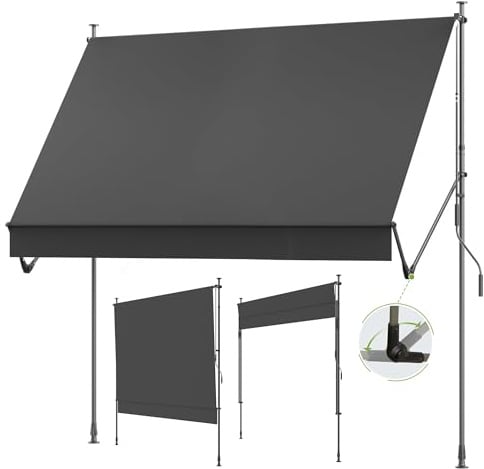 BelleMax Klemmmarkise ohne Bohren mit Handkurbel, 2026 Upgrade 2-in-1-Balkonmarkise mit Faltbarem Seitenarm, UV-Schutz & Sonnenschutz, Wasserdicht Höhenverstellbar Anthrazit 350 cm x (125 + 25 cm)