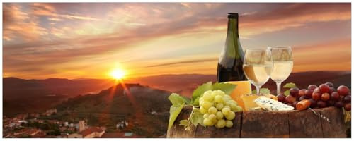 Wallario Küchenrückwand selbstklebend 115 x 50 cm, Motiv: Wein Romantik - Weißwein mit Käse auf einem Fass | Spritzschutz abwischbar & pflegeleicht