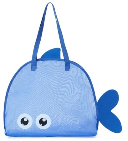 CATZUM Borsa Rete Giochi Spiaggia Bambino Forma Pesce Blu, 1 Pezzo, Ampia Apertura e Manici Confortevoli, Drena Sabbia e Acqua Istantaneamente, Ideale per Giocattoli Asciutti e Vacanze al Mare