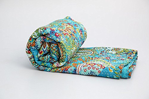 Kiara Indische handgemachte Quilts Baumwolle Blumendruck wendbar Kantha Paisley Muster Tagesdecken & Decken Stich Überwurf Twin Size/Queen Size (Türkisblau, Twin)