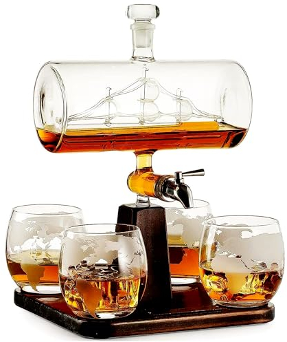 Whiskey & Wein Dekanter mit antikem Schiff – Das Wein Savant Schiff Dekanter Set mit 4 Globusgläsern, Getränkespender für Wein, Whiskey, Scotch, Rum und Likör oder Spirituosen 1000ml – Geschenk