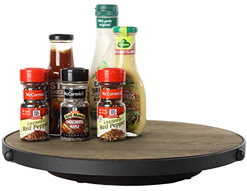MyGift Large Rustic Burnt Wood Tabletop Lazy Susan Turntable – 38 cm Round Serving Tray with Black Metal Rim