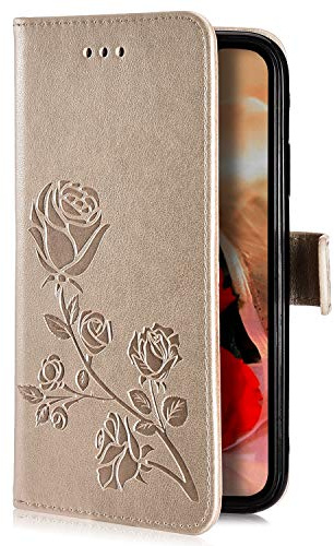 Uposao Kompatibel mit Samsung Galaxy J3 2016 Handyhülle Handytasche Rose Blumen Muster Leder Wallet Schutzhülle Brieftasche Hülle Klapphülle Brieftasche Tasche Flip Case Kartenfächer,Gold