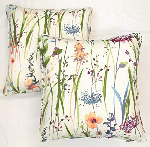 Maple Textiles Set of 2 Meadow Flowers Cushion Covers Vibrant Pink and Purple Lilac Heather Botanical Flowers on Green Stems and Leafs Design On a White Background Pillow Case 18 x 18