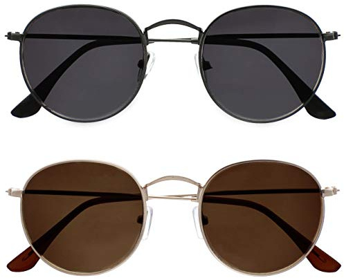 OPULIZE Sol Sonnen Leser Brille 2er Pack Dünner Rand Runde Retro-Metallfassungen Kratzfest Getönte Linse UV400-Schutz Metallgrau Schwarze Gold Braun Herren Damen SS94-79 +2.00