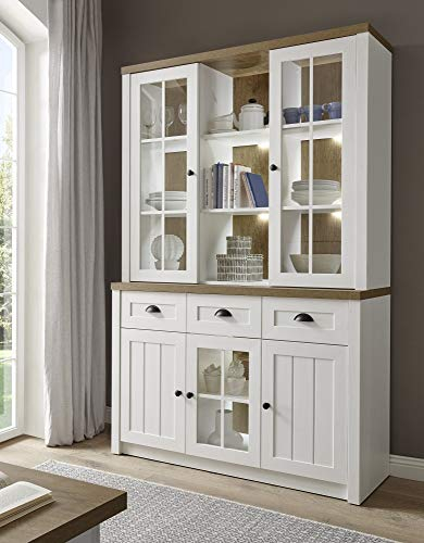 Buffet Tesorino I Holznachbildung Pinie Weiss Applikationen Eiche hell 130x198x35-43cm Highboard Board Sideboard Vitrine Standvitrine Vitrinenschrank Beleuchtung ohne Beleuchtung