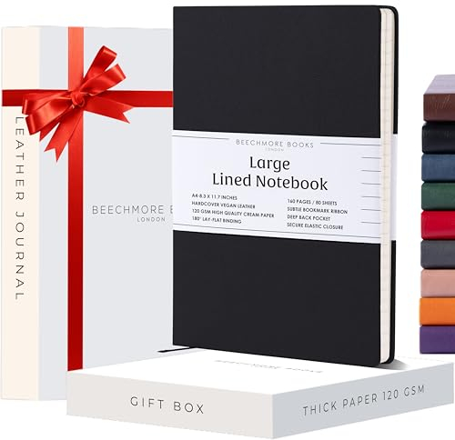 Beechmore Books Notizbuch liniert - XL A4, Schwarz I Premium Hardcover Journal Buch aus veganem Leder, 120gsm creme Papier, Geschenkbox, für Schriftsteller, Journalisten, Meetings & Studenten