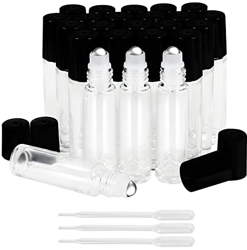 BELLE VOUS Kleine Roll On Flasche Leer Glas mit 3 Pipetten (24er Pack) - 10ml Glasflaschen Set - Nachfüllbare Edelstahl Roll On Glasflaschen für Ätherisches Öl, Aromatherapie, Parfüm & Lippenbalsam