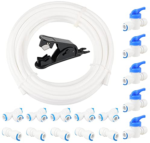 Rowiz 17-teiliges Wasserreiniger-Set, 9,5 mm (3/8 Zoll), zum Anschließen von Wasserrohr-Armaturen (Kugelhahn + I+T-Typ) + PE-Rohrschneider + 10 m Schlauch (weiß) für RO-Wasserfiltersystem