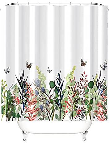 M&W DAS DESIGN Duschvorhang bunt Garten grüne Pflanzen Flora Textil Vorhang Blüte Schmetterlingen Schimmelresistent Farbfest inkl. 8 C-Ringe Gewicht unten 120x180cm(BxH) cm