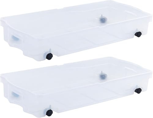 Rubbermaid Unterbett-Aufbewahrungsbox mit Rollen, 2 Stück, Unterbett-Aufbewahrungsbehälter aus Kunststoff mit doppeltem Scharnierdeckel und stabilen Rollen, Sichtbare Organisation ideal für enge Räume