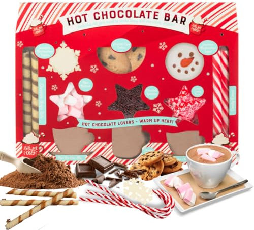 Hot Chocolate Gift Set - Flavoured hot chocolate mixes with candy canes, hot chocolate stirrers, chocolate chip cookies and variety marshmallow toppers, Christmas variety set for kid and adults