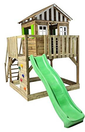 MASGAMES Lollipop Laufstall mit Rutsche | Leicht zugängliche Leiter | Kletterwand | behandeltes Holz für den Außenbereich | XL