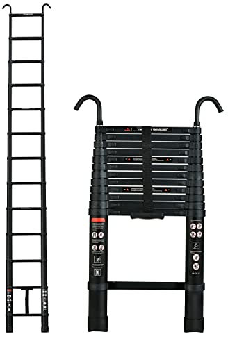 Escalera Telescópica Ligera Escalera Plegable de Aluminio 3.8M/12.5FT Extensibles Escalera Multiusos con 2 Ganchos para Negocios de Techos, Tabajo en Interiores/Exteriores, Capacidad de 150 kg