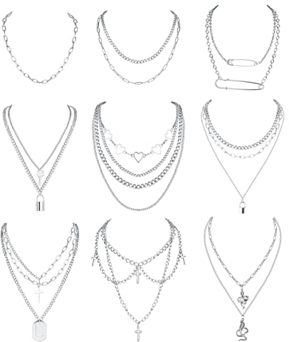 Kakonia Geschichtete Halsketten für Damen Herren Punk Halsketten Herz Kreuz Schlüsselschloss Schlange Anhänger Halsketten Gotische Ketten Halsketten Silber Y2K Statement Halsketten Emo Halsketten Set