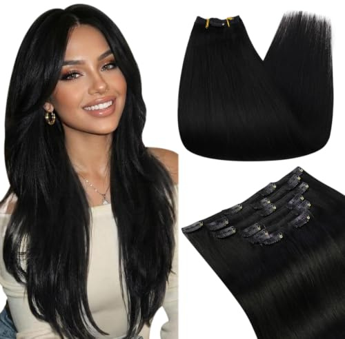 Ugeat Black Clip in Hair Extensions 22 Inch 120g 7pcs Real Hair Extensions Clip in Human Hair Black Hair Extension Clip-in Smooth Double Weft Long Straight Easy to Style for Women
